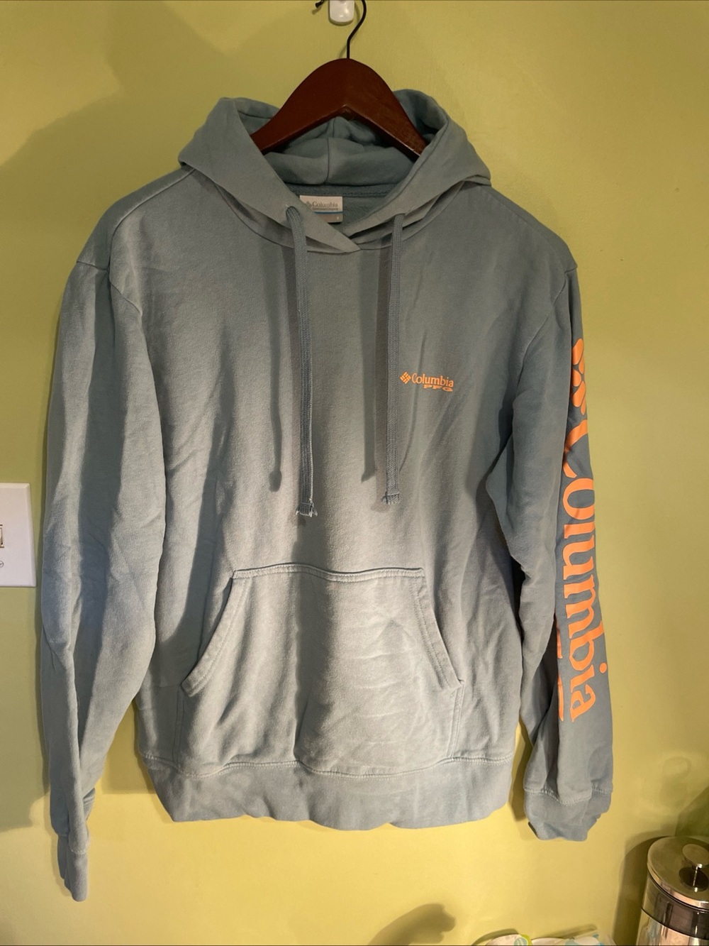 Columbia Light Blue Pullover Hoodie with Orange Sleeve Logo